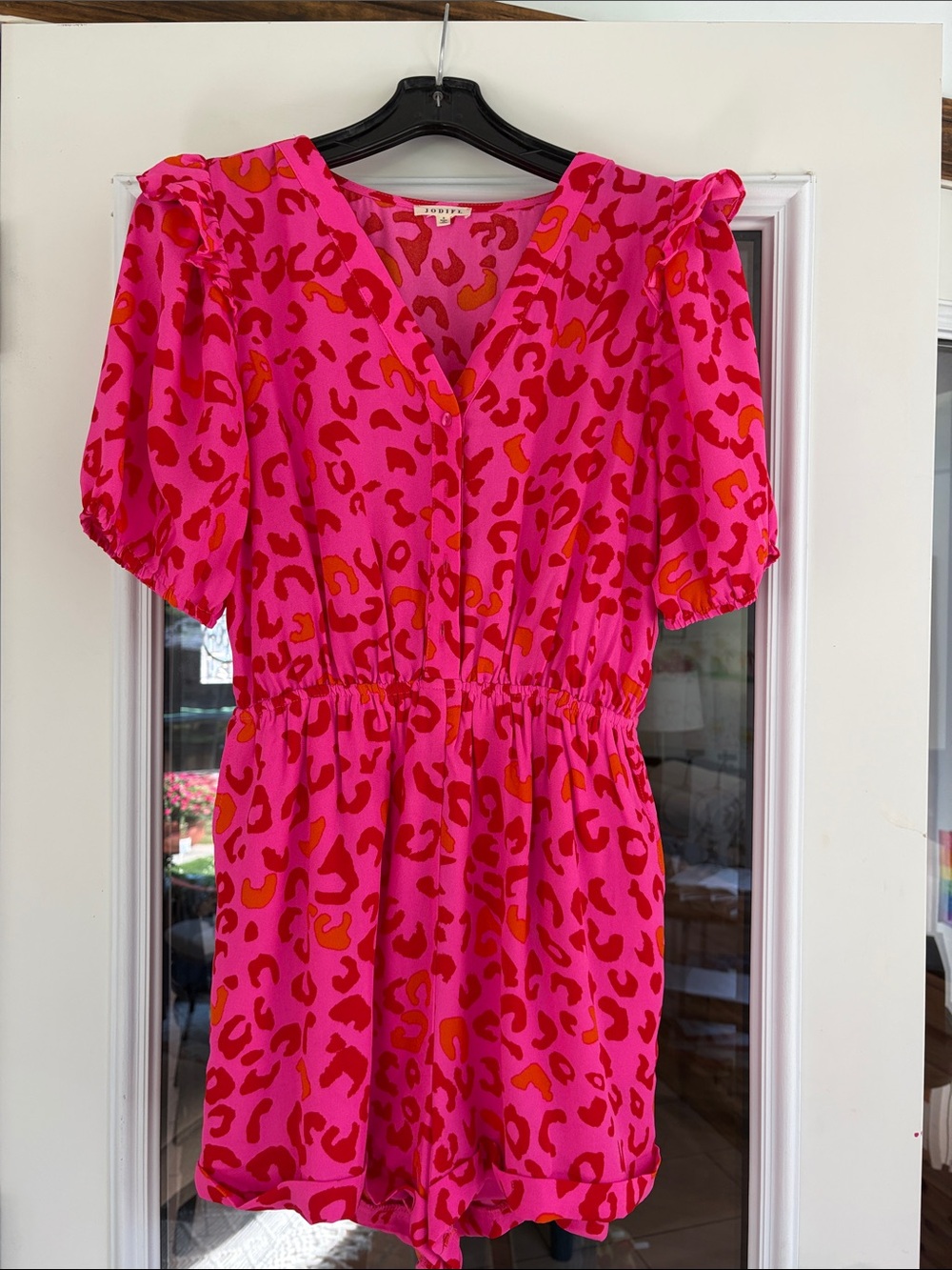 JODIFL Hot Pink Leopard Print Romper with Orange Accents